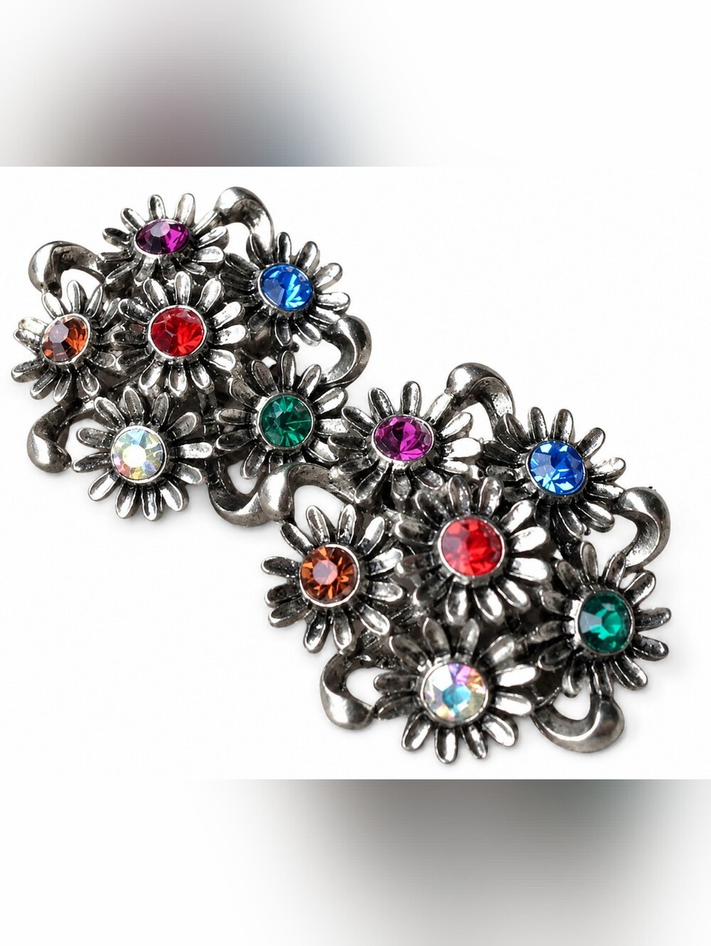 Vintage Judy Lee Rhinestone Flower Clip-On Earrings Silver Tone